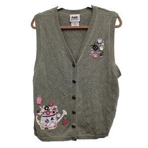 VTG 90s Northern Reflections Womens Sweater Vest Large Green Embroidered Cottage